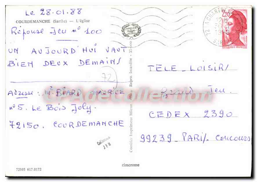 CPSM Courdemanche Sarthe l'Eglise  — Verso