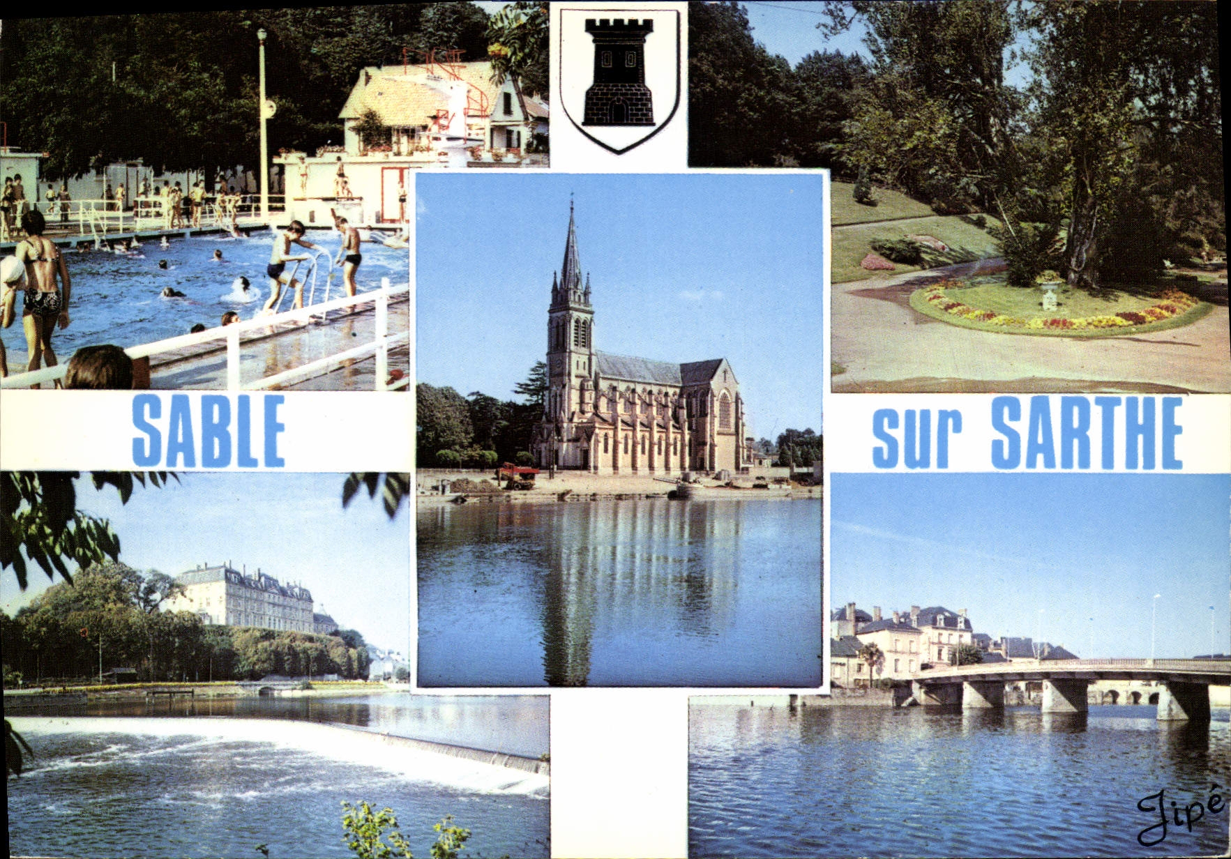 CPSM Sable sur Sarthe Eglise Piscine Chateau et barrage les ponts sur la Sarthe le jardin public 