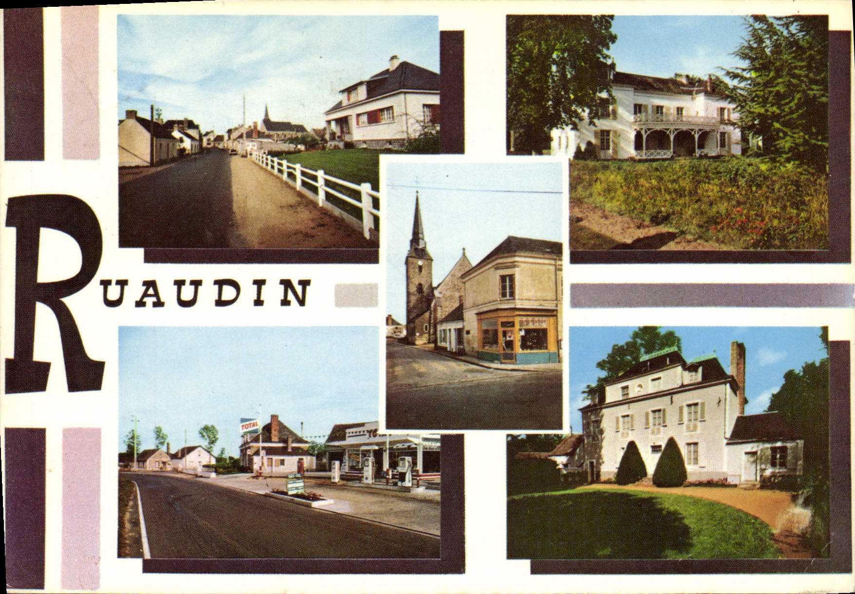 CPSM Ruaudin Sarthe L'Eglise Rue principale station service la Monerie