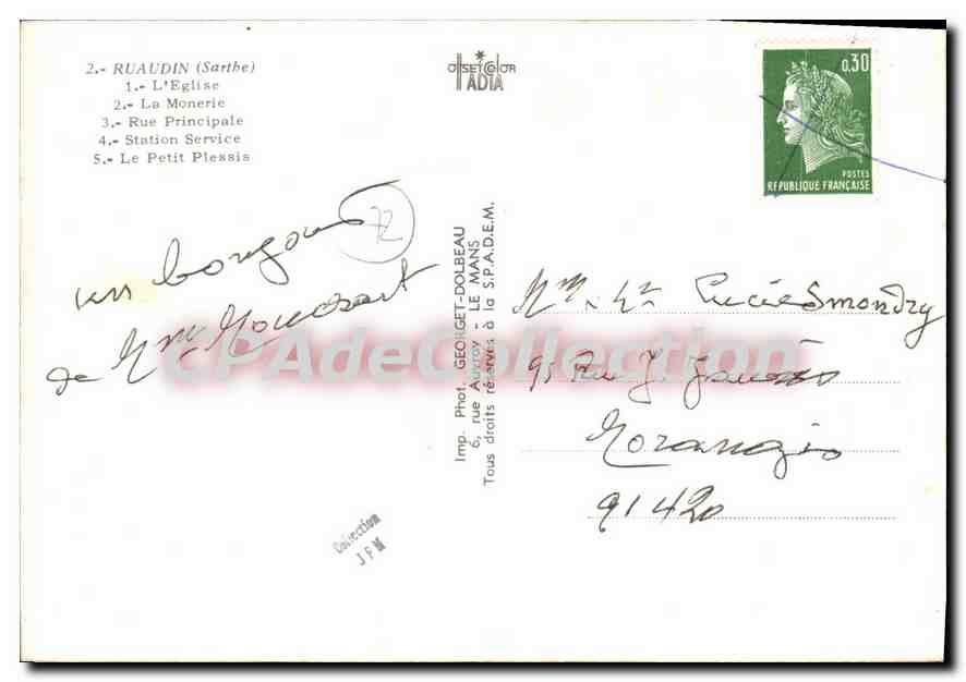CPSM Ruaudin Sarthe L'Eglise Rue principale station service la Monerie — Verso