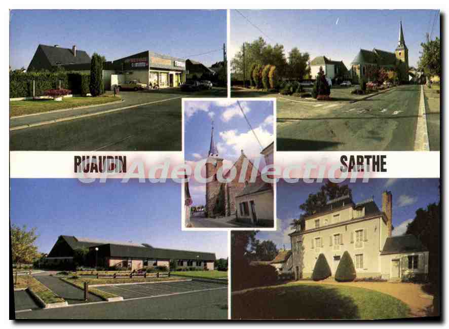 CPSM Ruaudin Sarthe Le Supermarche la salle polyvalente chateau du Petit Plessiss Place de l'Eglise 