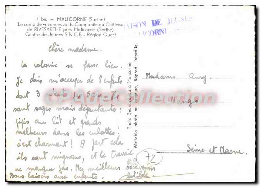 CPSM Malicorne Sarthe Le camp de vacances vu du Campanile du Chateau de Rivesarthe pres Malicorne SN — Rückseite