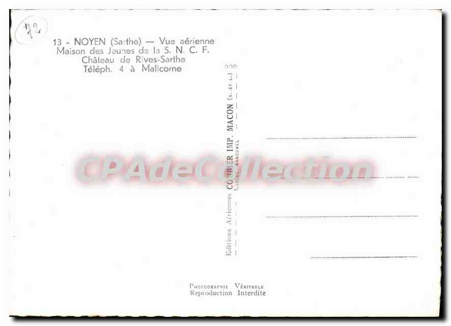 CPSM Noyen Sarthe Vue aerienne maison des Jeunes de la SNCF Chateau de Rives Sarthe Malicorne — Rückseite