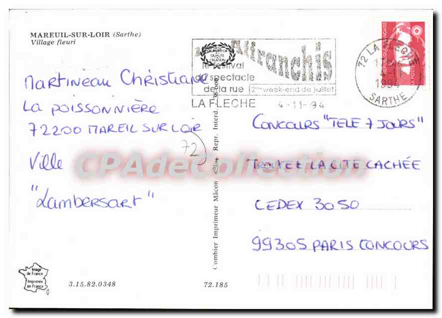Mareuil-sur-Loir — Village fleuri — Imprimeur Combier — Verso