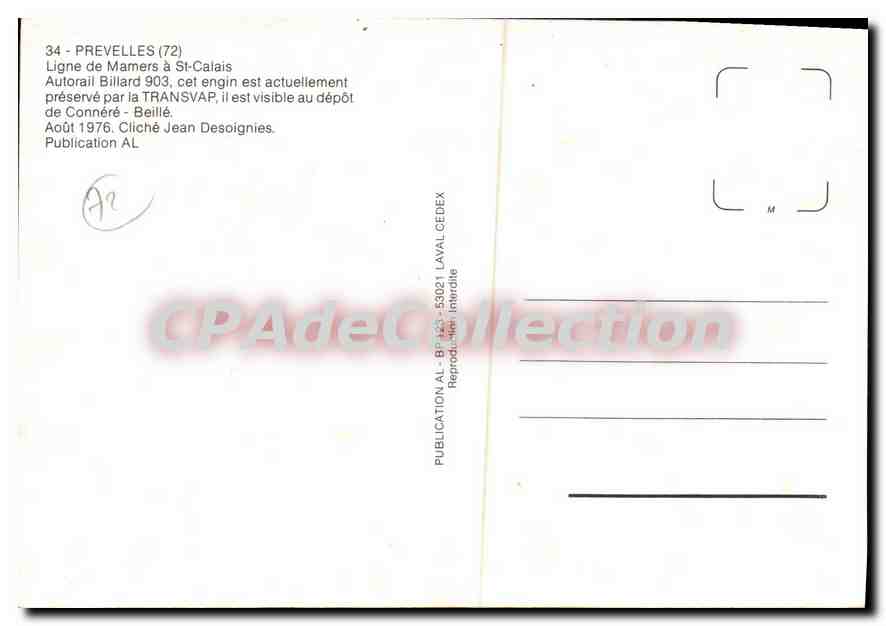 CPSM Prevelles Ligne de Mamers à St Calais Autorail Billard 903 dépôt de Connéré Beillé  — Rückseite
