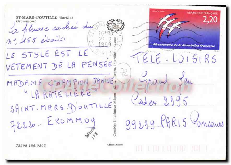 CPSM St Mars d'Outille Sarthe Grammont  — Verso