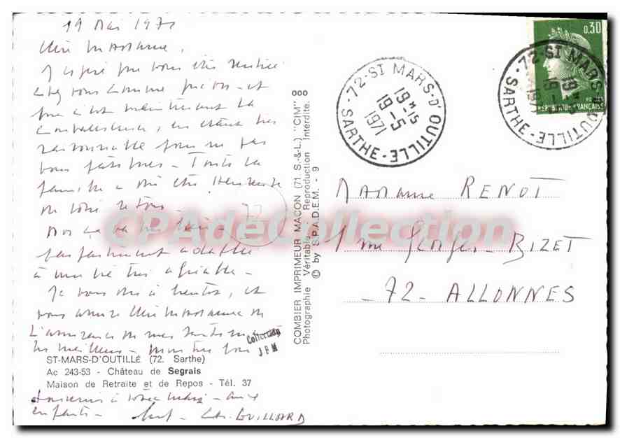 CPSM St Mars d'Outille Sarthe Chateau de Segrais Maison de Retraite et de Repos  — Verso