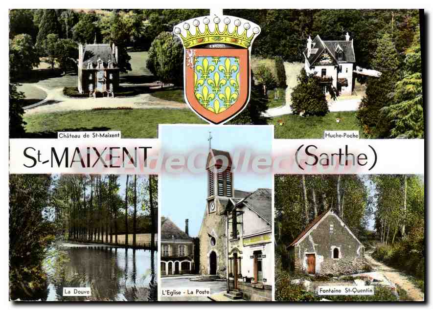 CPSM St Maixent Sarthe chateau de St Maixent Huche Poche la Douve l'eglise la poste Fontaine St Quen