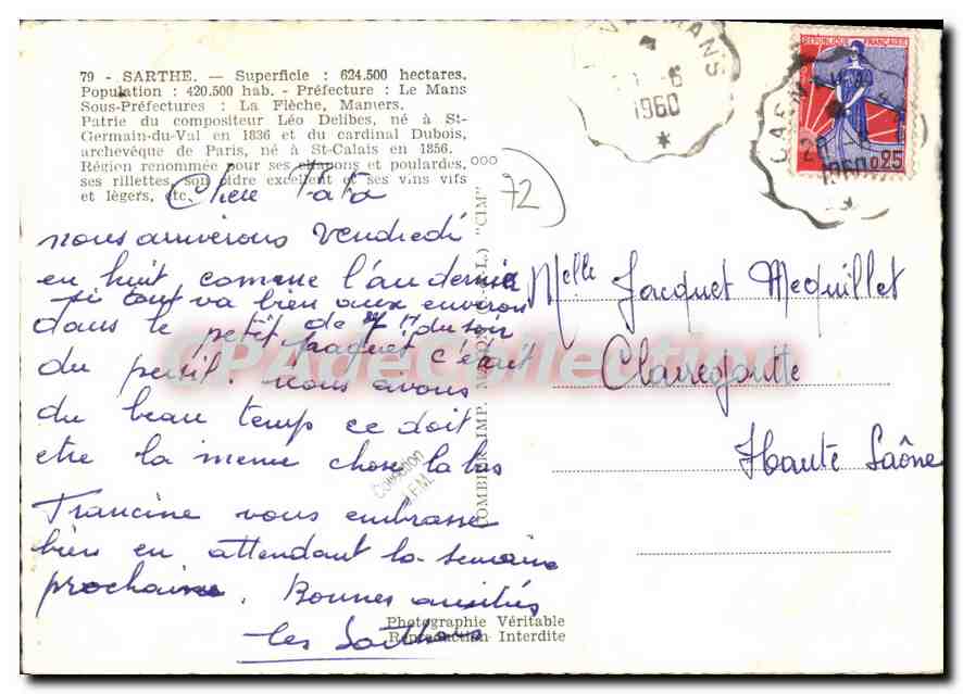 CPSM Sarthe Prefecture le Mans sous Prefecture la Fleche Mamers partie du compositeur leo Delibes  — Verso