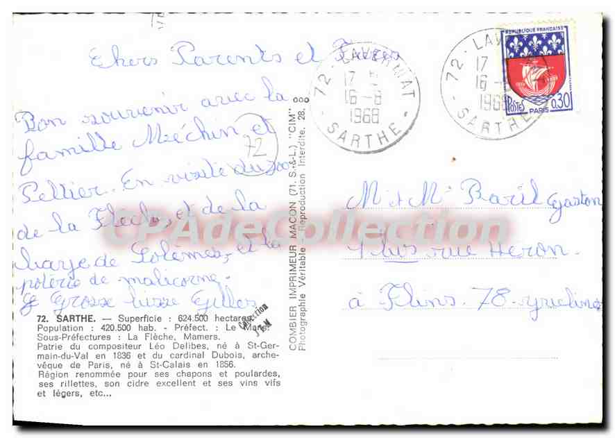 CPSM Sarthe Prefecture le Mans sous Prefecture la Fleche Mamers partie du compositeur leo Delibes  — Rückseite