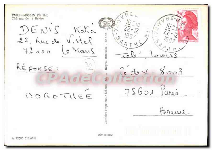 CPSM Yvre le Polin Sarthe chateau de la Briere  — Rückseite