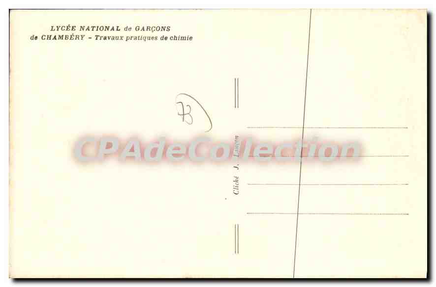 Laboratoire de chimie — Lycée National de Garçons de Chambéry — éditeur J. Lason — Verso