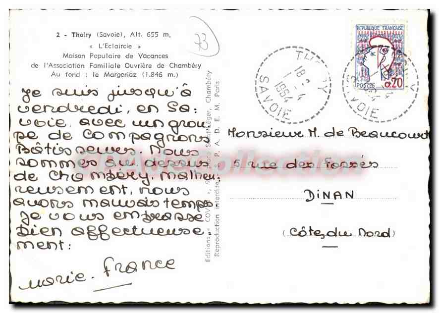 CPSM Tholry savoie l'eclaircie maison Populaire de vaconces de l'Association Familiale Ouvriere de C — Rückseite