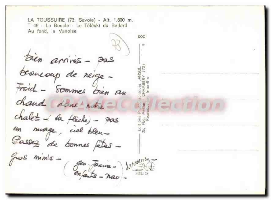 CPSM La Toussuire Savoie la Boucle le Teleski du Bellard au fond la Vanoise  — Rückseite