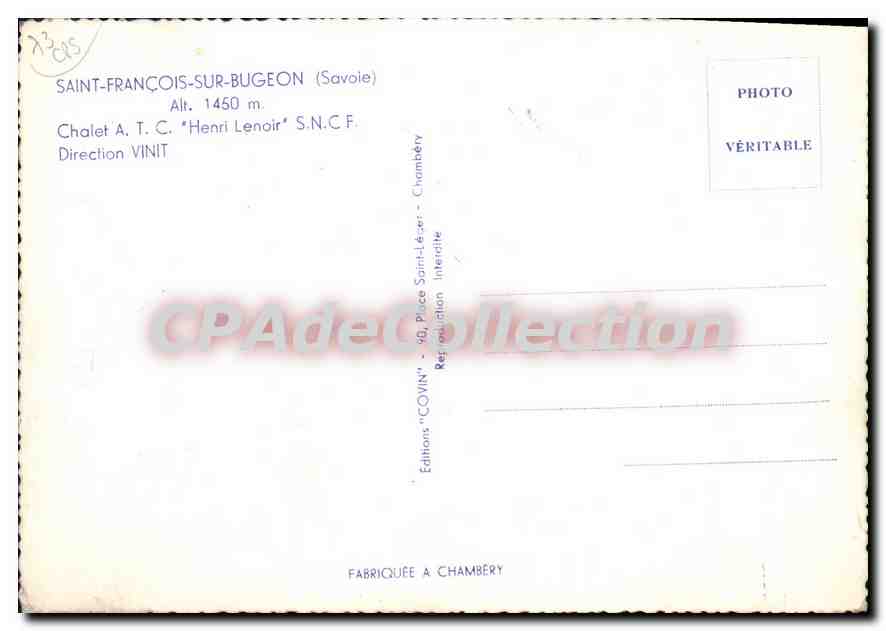 CPSM Saint Francois sur Bugeon Savoie Chalet A T C Henri Lenoir  — Rückseite