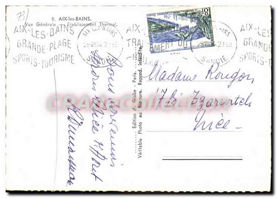 Aix-les-Bains — Vue Générale — Établissement Thermal — Édition du Globe, Paris, n°73 — Verso