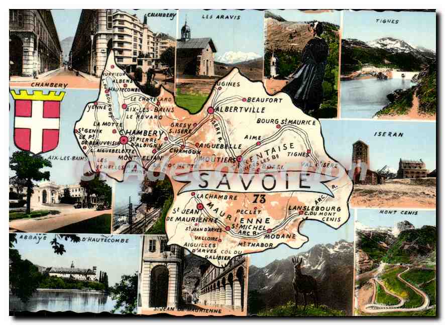 Savoie — Carte postale panoramique avec carte et vignettes — Cie des Arts Photomécaniques, Paris
