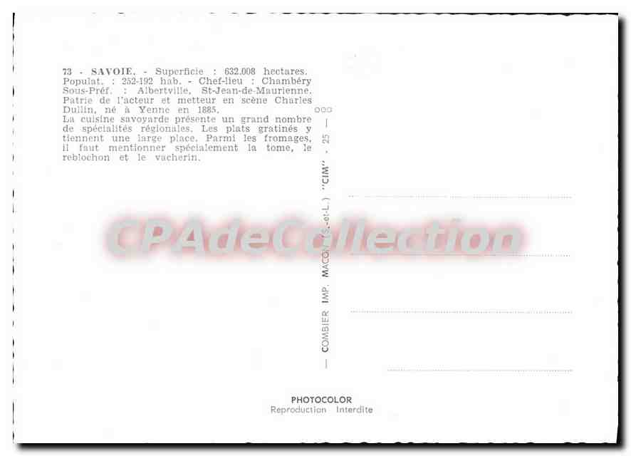 CPSM Savoie chef lieu Chambery sous pref Albertville St Jean de Maurienne Patrie de l'acteur et mett — Rückseite