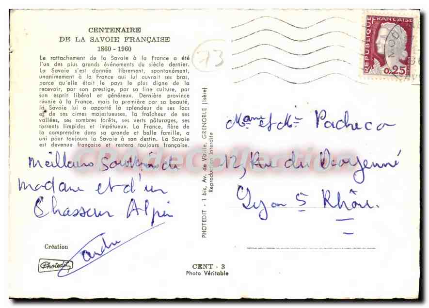 CPSM Centenaire de la Savoie Francaise 1860 1960  — Rückseite