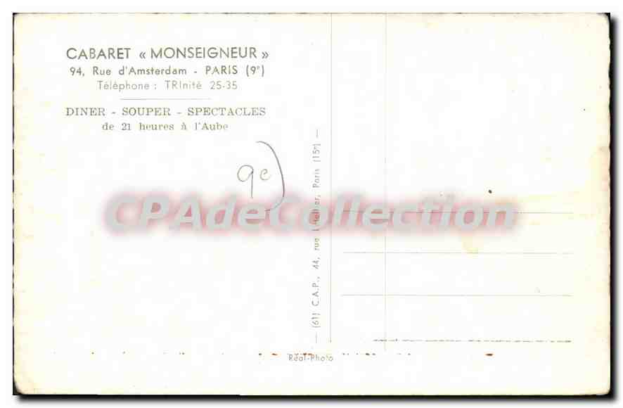 CPA Cabaret Monseigneur rue d'Amsterdam Paris  — Rückseite