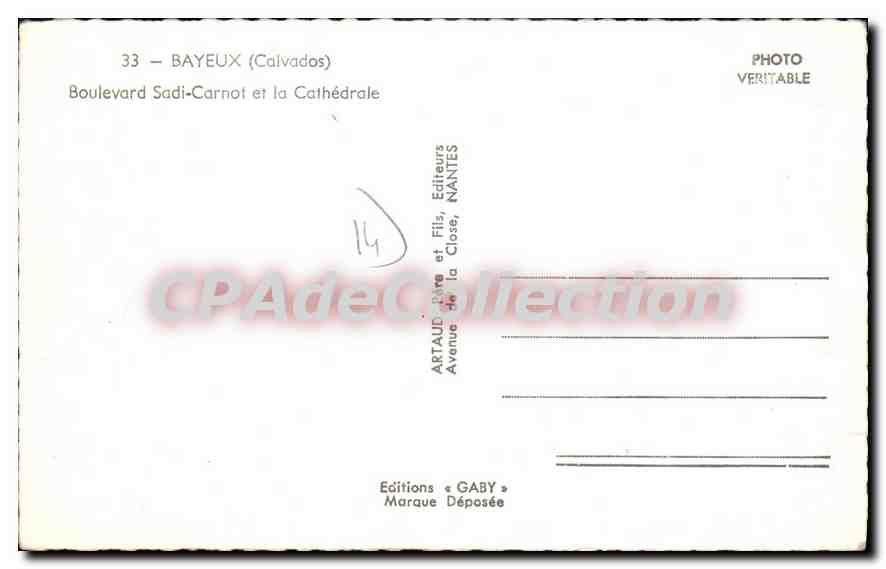 Bayeux — Boulevard Sadi-Carnot et la Cathédrale — Éditions Gaby — Verso