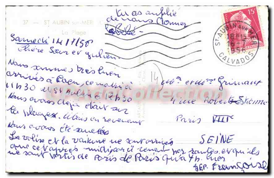 Plage de Saint-Aubin-sur-Mer — Hotel Belle Vue et Syndicat d'Initiative — Gaby — Verso