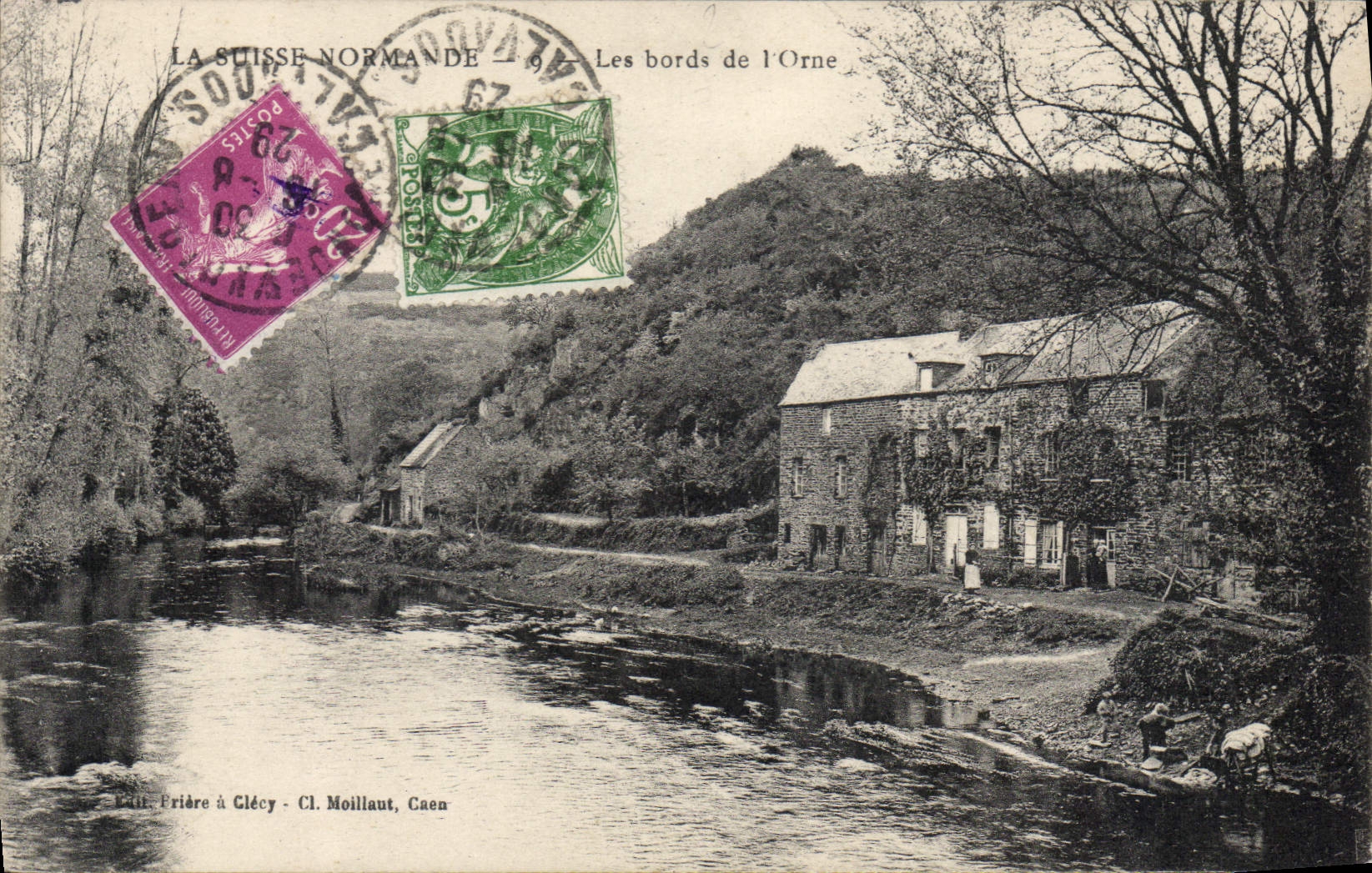 Les bords de l'Orne — Vue de la rivière et d'un bâtiment — Édit. Frière à Clécy - Cl. Moillaut, Caen