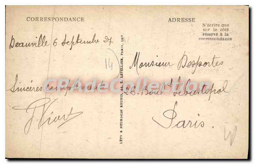 CPA Deauville la plage Fleuri l'entree du Normandy rue de l'Ecluse Th perir architecte  — Verso