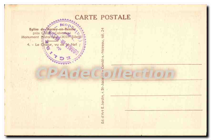 Église de Norrey-en-Bessin — Chœur vu de la nef — Éd. d'Art E. Jardin, St-Jacques, Calvados — Verso