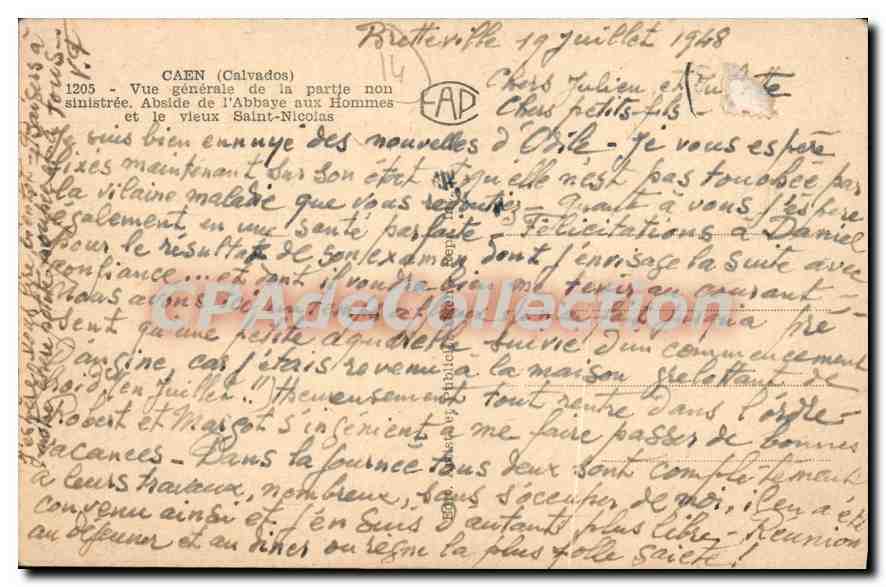 Caen (Calvados) — Vue générale de la partie non sinistrée, abside de l'Abbaye aux Hommes et le vieux Saint-Nicolas — éditeur AP — Verso