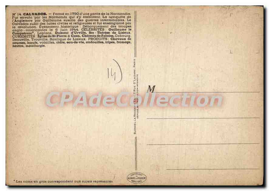 Calvados — Carte postale illustrée — Éditeur Blondel-Lapouge, Paris — Achterkant