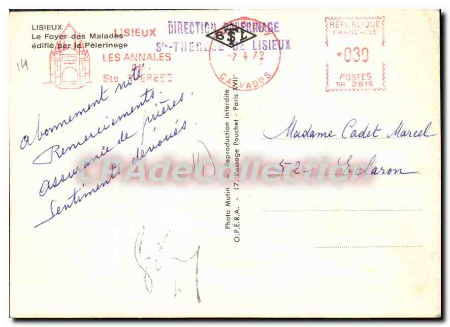 Le Foyer des Malades — Lisieux — édifié par le Pèlerinage — Verso