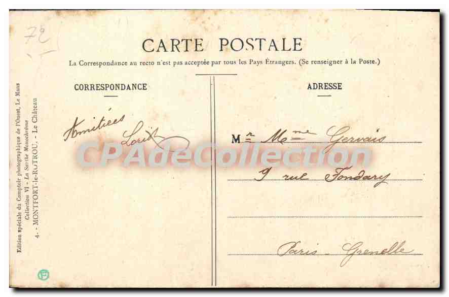 CPA La Sarthe Montfort le Rotrou le chateau entree M le Marquis de Nicolay  — Verso