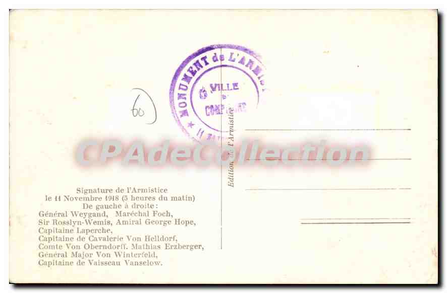 CPA Signature de l'Armistiee le 11 novembre 1918  — Rückseite