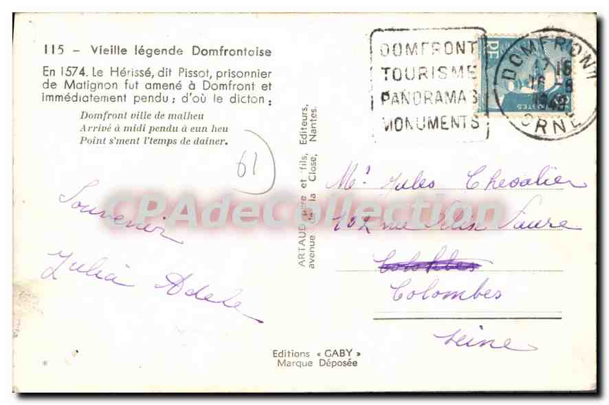 CPA Vieille legende Domfrontoise en 1574 le Herisse dit Pissot Prisonnier de Matignon fut amene a Do — Rückseite