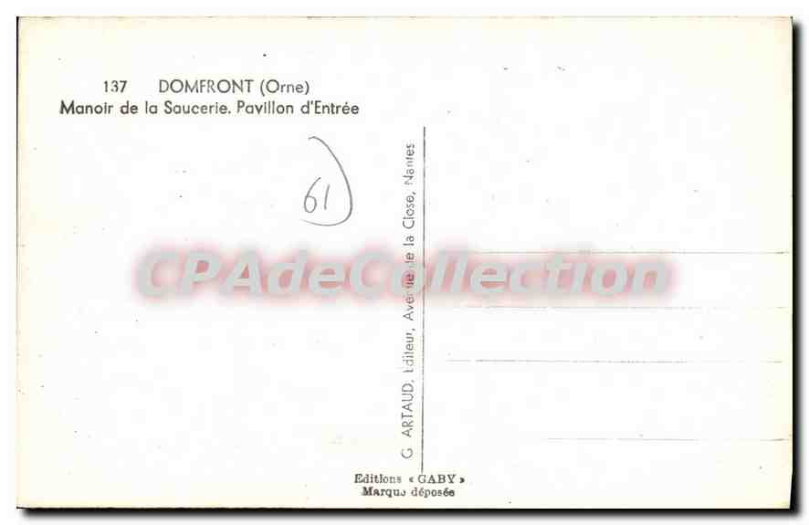 Domfront (Orne) — Manoir de la Saucerie, Pavillon d'Entrée — Éditions GABY — Rückseite