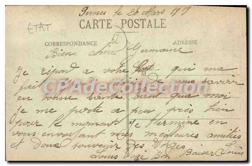 CPA Pernes en Artois la rue Principale  — Rückseite