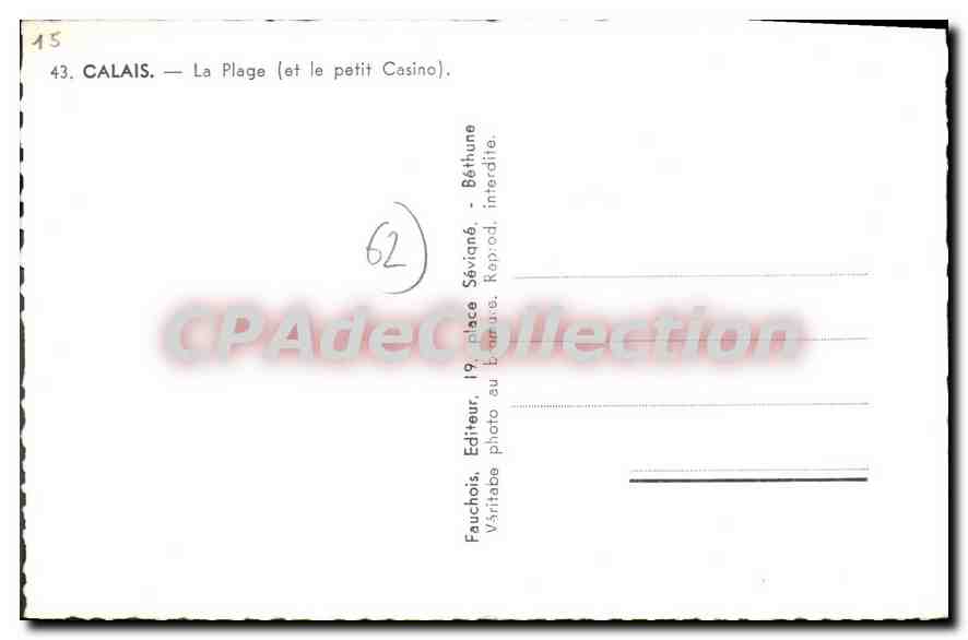 CPA Calais la plage et le petit Casino  — Rückseite