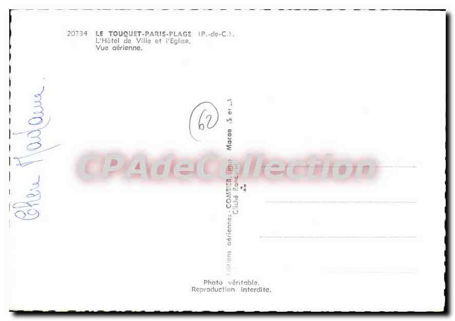 Le Touquet-Paris-Plage — L'Hôtel de Ville et l'Église — Crimy — Verso
