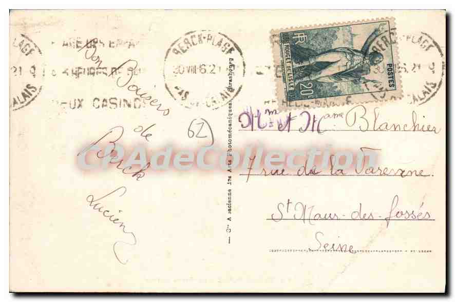 Berck-Plage - Le Grand Casino — éditeur CPADeCollection, n° 11 — Verso