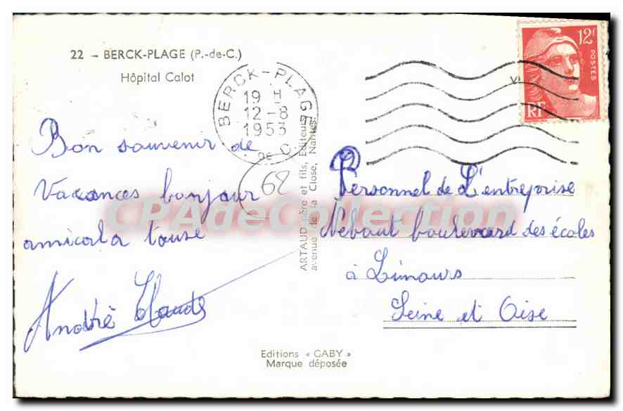 CPA Berck Plage P de C hopital Calot  — Verso