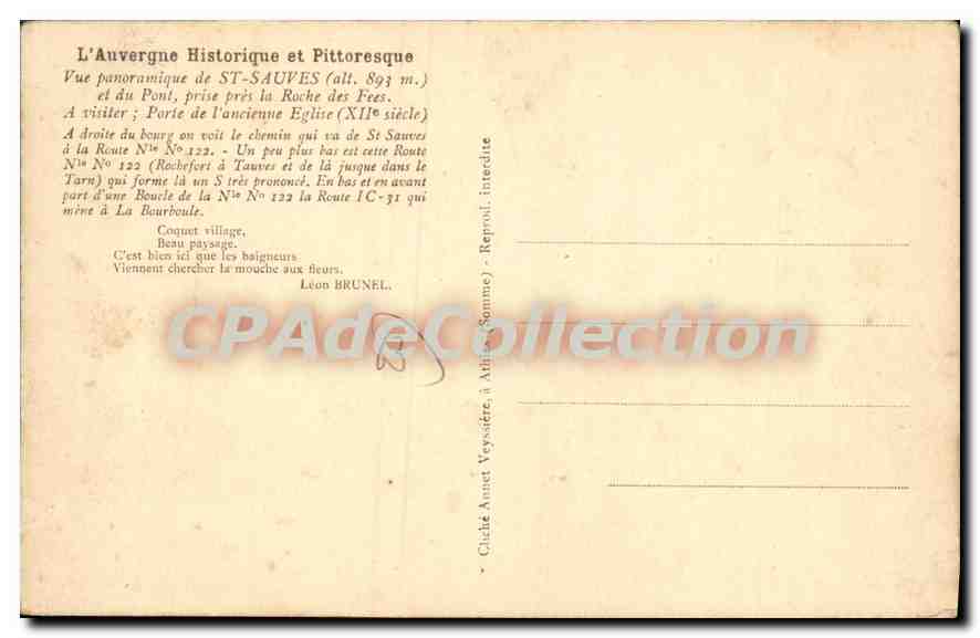 CPA L'Auvergne historique et Pittoresque vue panoramique de St Sauves et du pont prise pres la Roche — Rückseite