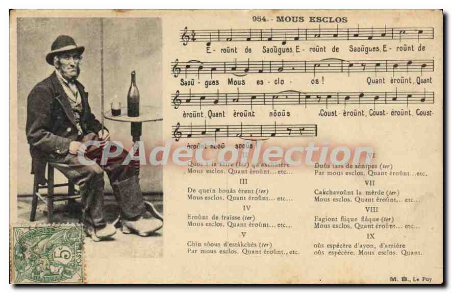 Homme assis à une table — chanson « Mous Esclos » — M. B., Le Puy - Recto