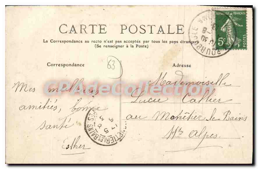La Bourboule (Puy-de-Dôme) — Vue générale prise de la Laiterie du Mont Sans Souci — éditeur inconnu, n° 656 — Verso
