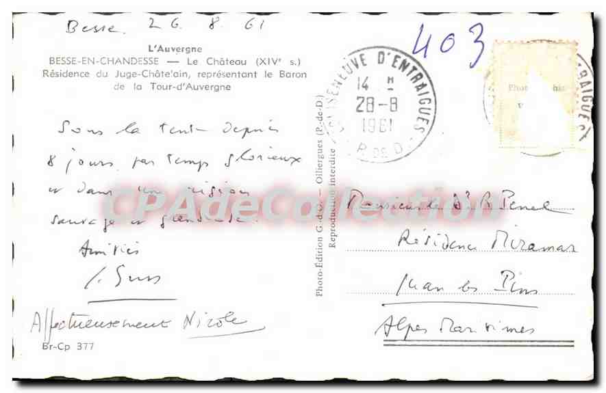 CPA L'Auvergne Besse en Chandesse le chateau XIV S Residence du Juge Chatelain representant le Baron — Verso
