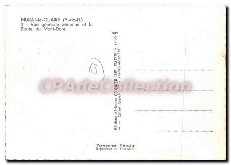 Murat-le-Quiare (P.-de-D.) — Allgemeine Luftaufnahme und die Route du Mont-Dore — Aériennes Comber Editions, Mâcon — Rückseite