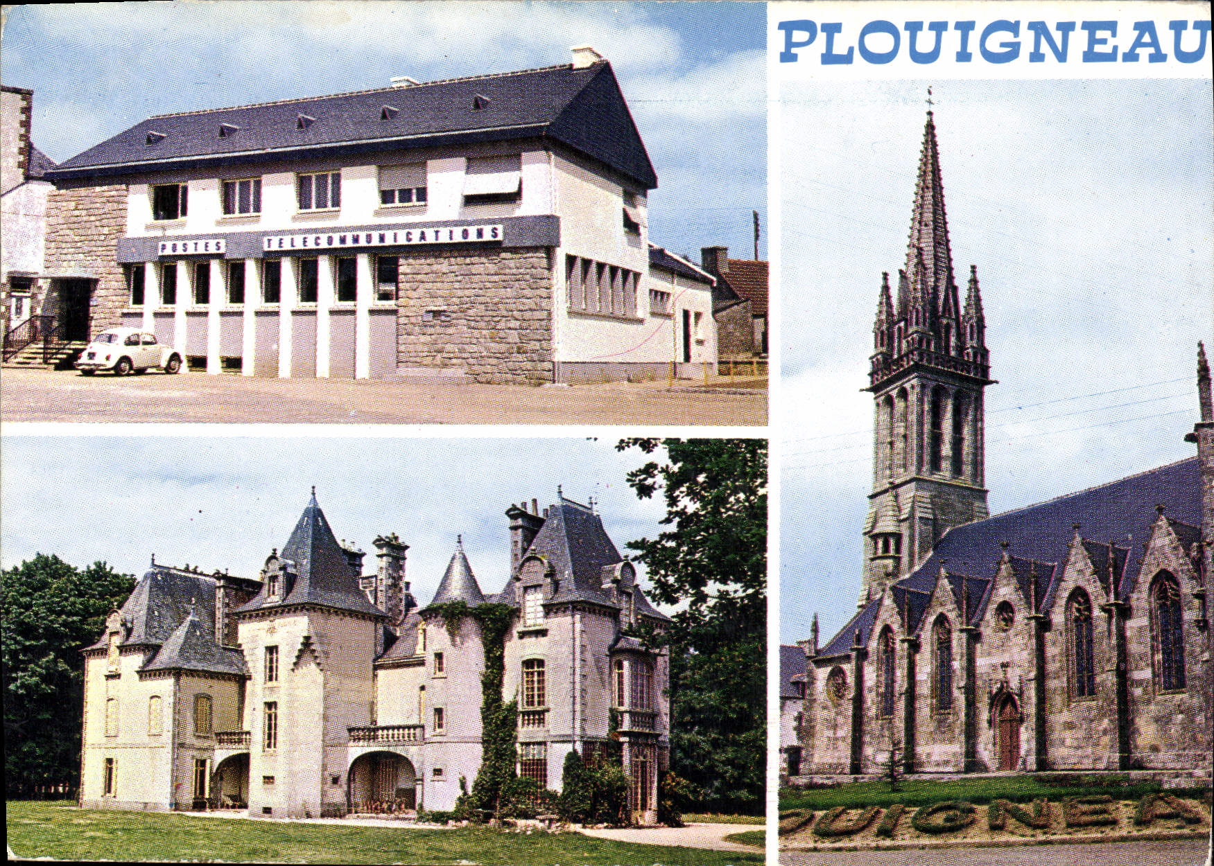 CPSM Couleurs de Bretagne Plouigneau La Poste Le Chateau du Mur et L'Eglise 