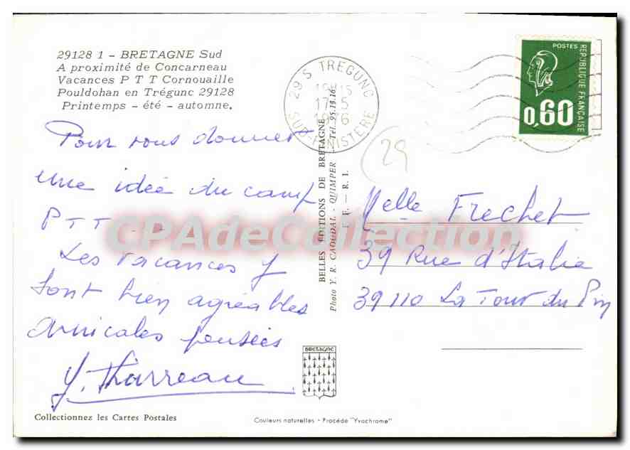 CPSM Village Vacances P T T Tregunc Bretagne Sud a Proximite de Concarneau Vacances P T T Cornouaill — Rückseite