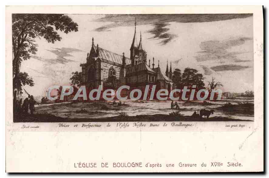 L'Église de Boulogne — vue et perspective d'après une gravure du XVIIe siècle — éditeur inconnu, n° de série non visible
