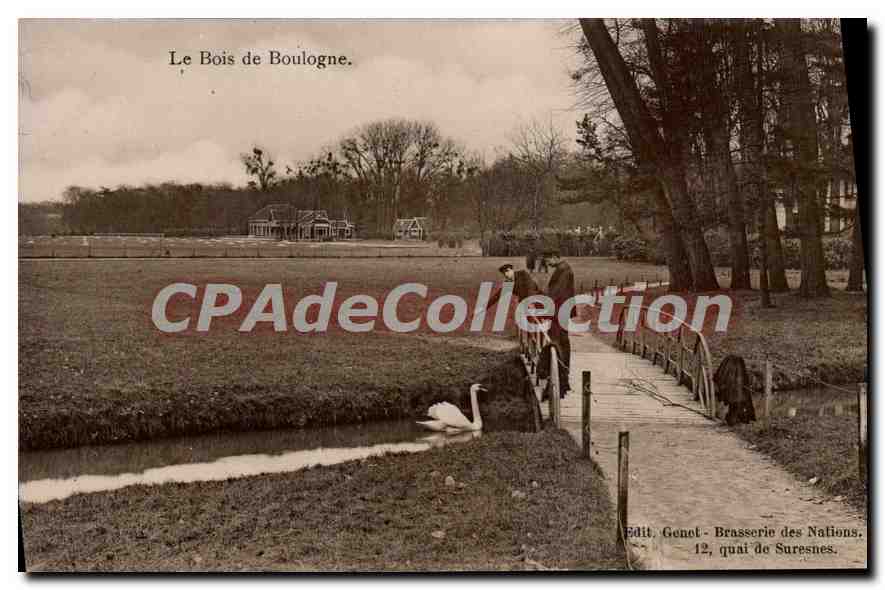 Le Bois de Boulogne — vue avec cygne et promenade — Edit. Genot, Brasserie des Nations, 12, quai de Suresnes